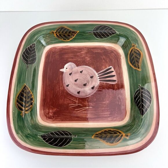 VIETRI Large Square Ceramic Platter Serving Foresta Bird Leaves Made in Italy - Picture 3 of 8